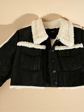 NBD Black Faux Leather Teddy-Trim Cropped Jacket